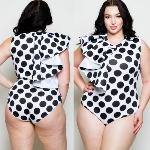 Tops - 1x-3x Plus RUFFLED SHOULDER POLKA DOT BODYSUIT
